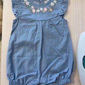First Impressions Blue Bodysuit with Floral Embroidery
